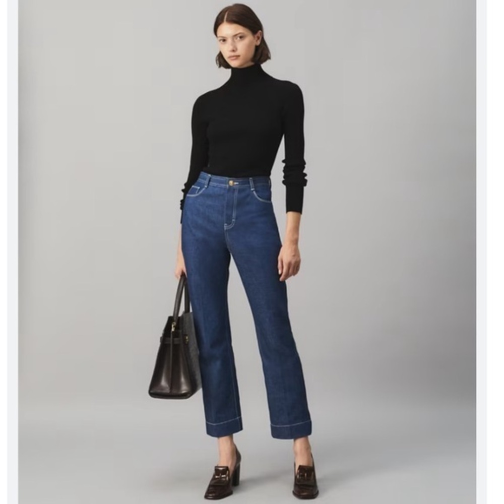 Tory Burch Jeans Cropped Denim Straight Leg Contrast Stitching Unwashed Rinse